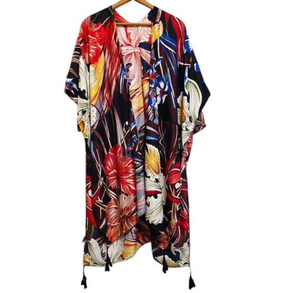 Max Studio Tropical Caftan Kimono Cover Up Floral Birds Resortwear Beach